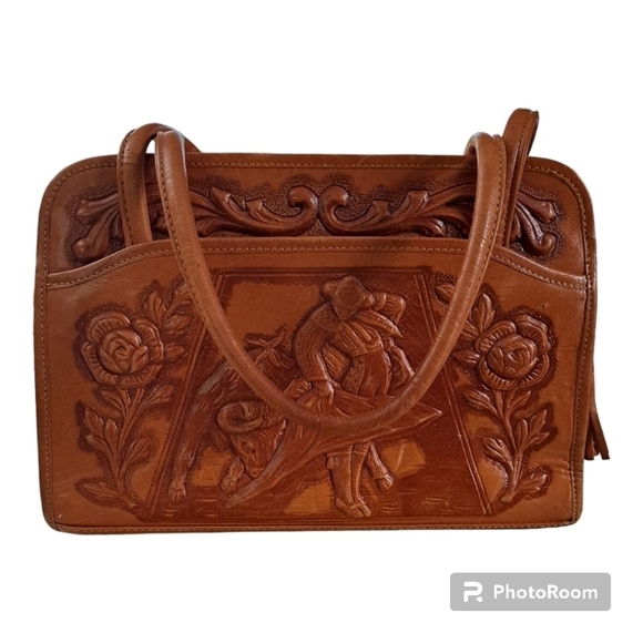 Mont-Abur vintage tooled leather rose & toreador bull purse leather shoulder bag - Picture 5 of 16